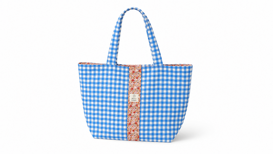 Grand cabas en coton vichy bleu avec bande liberty fleurie, cousu main